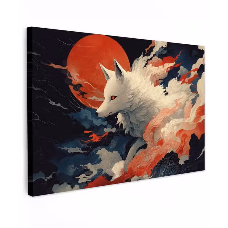 Canvas schilderij - Witte vos - wolken - maan — 1