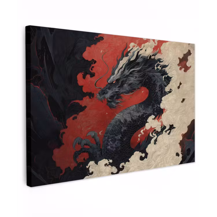Canvas schilderij - Zwarte draak - Rookwolken - Rood — 1