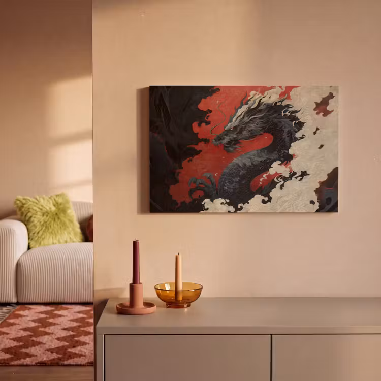 Canvas schilderij - Zwarte draak - Rookwolken - Rood — 2