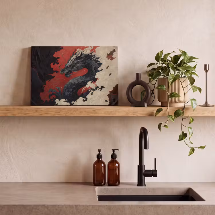 Canvas schilderij - Zwarte draak - Rookwolken - Rood — 3