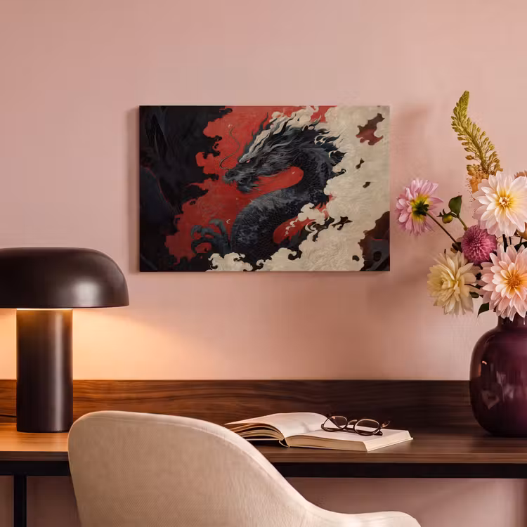Canvas schilderij - Zwarte draak - Rookwolken - Rood — 4