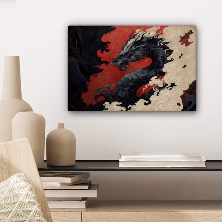 Canvas schilderij - Zwarte draak - Rookwolken - Rood — 5