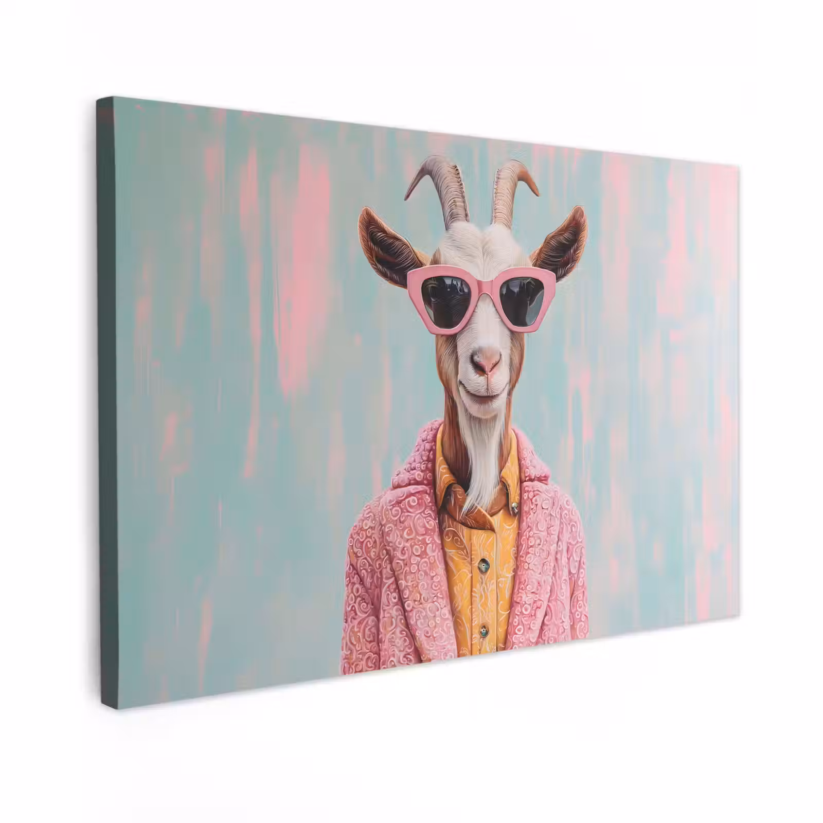 Canvas schilderij - Zonnebril - Roze - Geit - Horen — 1