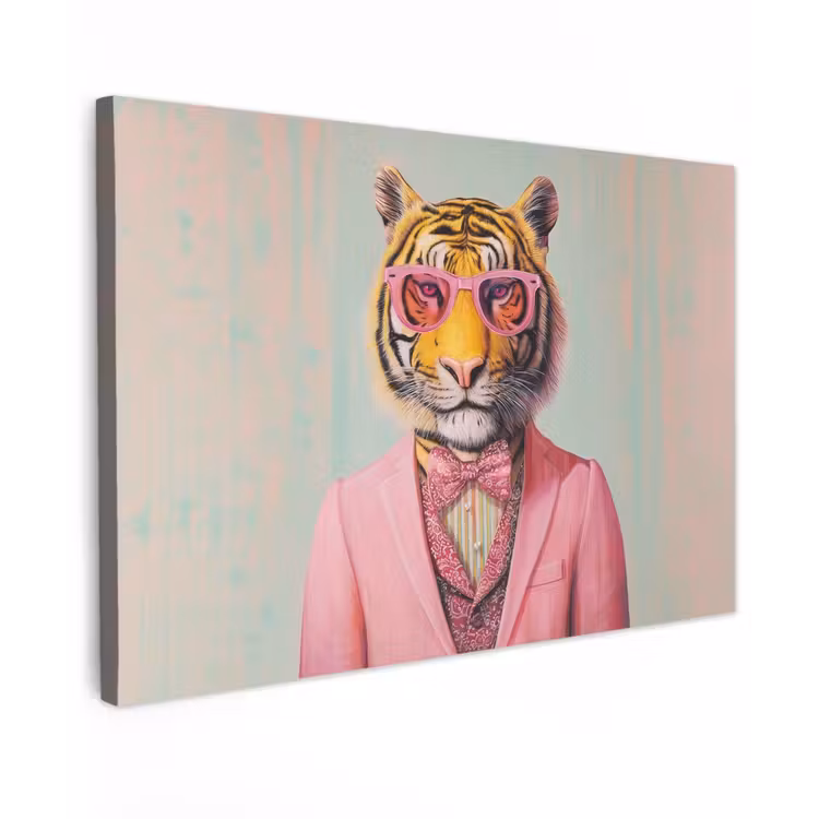 Canvas schilderij - Tijger - Strik - Jasje - Roze — 1