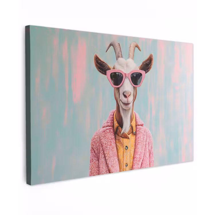 Canvas schilderij - Zonnebril - Roze - Geit - Horen — 1