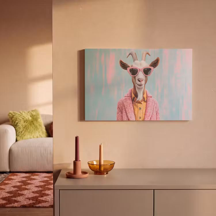Canvas schilderij - Zonnebril - Roze - Geit - Horen — 2