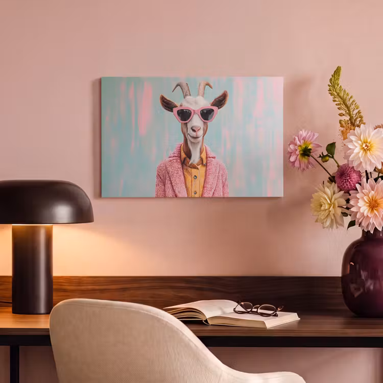 Canvas schilderij - Zonnebril - Roze - Geit - Horen — 4