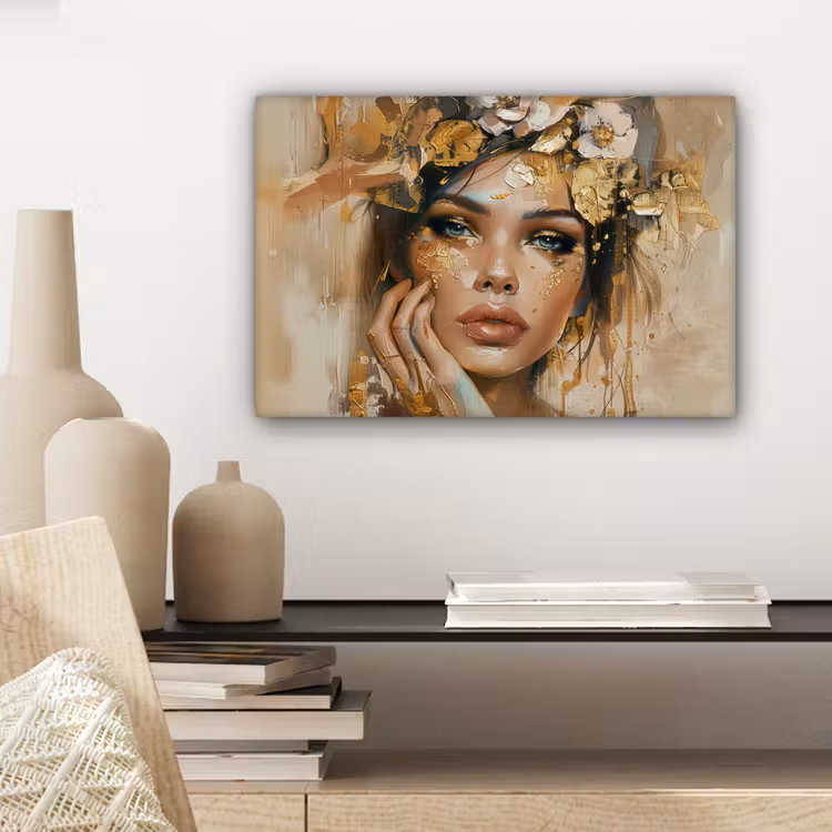 Canvas schilderij - Vrouw - Bloemen - Goud - Portret — 5