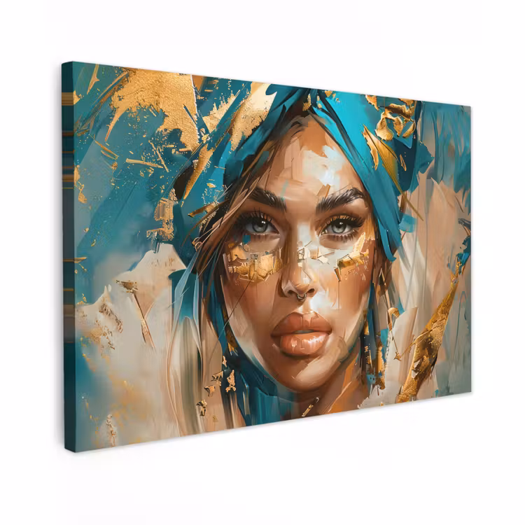 Canvas schilderij - Vrouw - Portret - Goud - Luxe - Blauw — 1