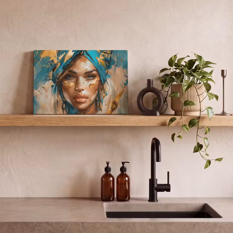 Canvas schilderij - Vrouw - Portret - Goud - Luxe - Blauw — 3