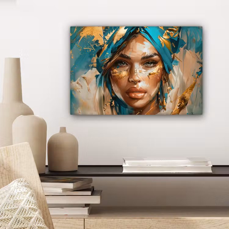 Canvas schilderij - Vrouw - Portret - Goud - Luxe - Blauw — 5