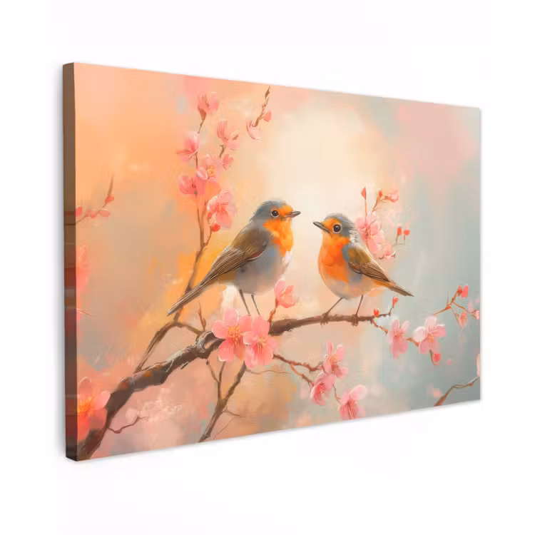 Canvas schilderij - Roodborstjes - Sierlijk - Bloesemtak — 1