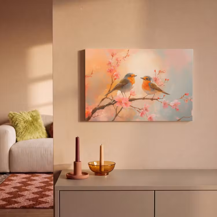 Canvas schilderij - Roodborstjes - Sierlijk - Bloesemtak — 2
