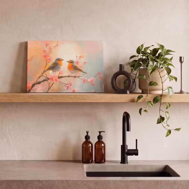 Canvas schilderij - Roodborstjes - Sierlijk - Bloesemtak — 3
