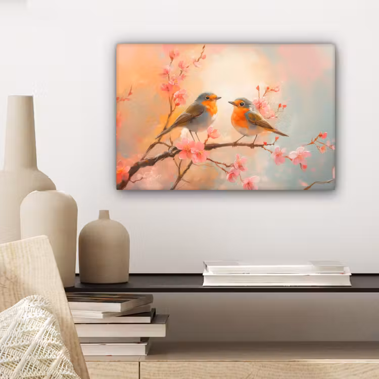 Canvas schilderij - Roodborstjes - Sierlijk - Bloesemtak — 5