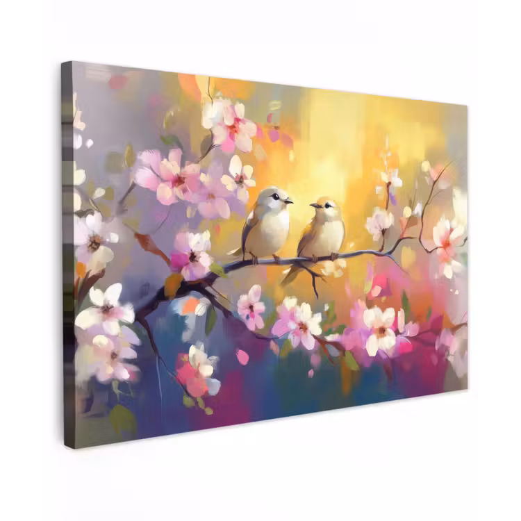Canvas schilderij - Vogels - Bloemen - Roze — 1