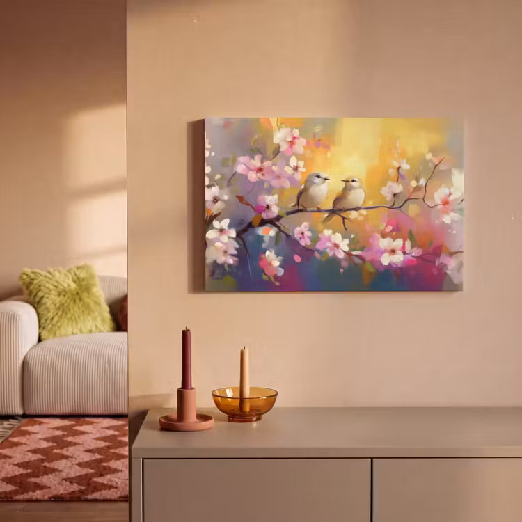 Canvas schilderij - Vogels - Bloemen - Roze — 2