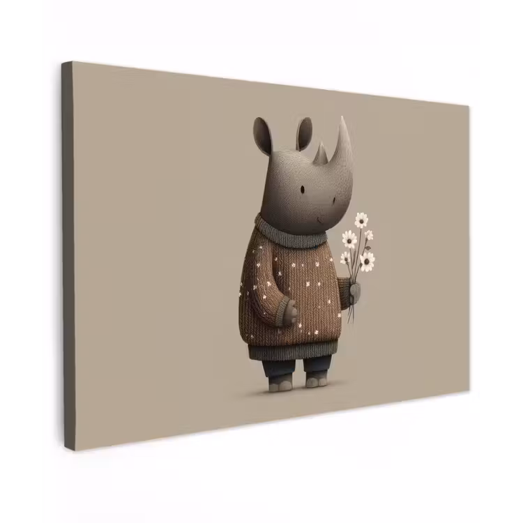 Canvas schilderij - Neushoorn - Witte bloemen - Lief — 1