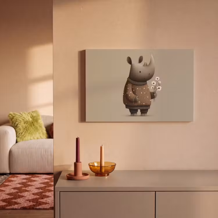 Canvas schilderij - Neushoorn - Witte bloemen - Lief — 2