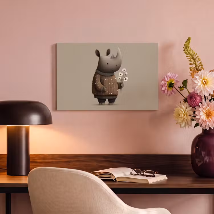 Canvas schilderij - Neushoorn - Witte bloemen - Lief — 4