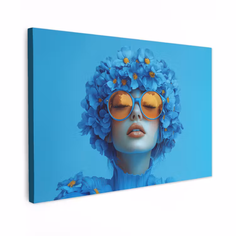 Canvas schilderij - Vrouw - Bloem - Blauw - Modern - Bril - Portret — 1
