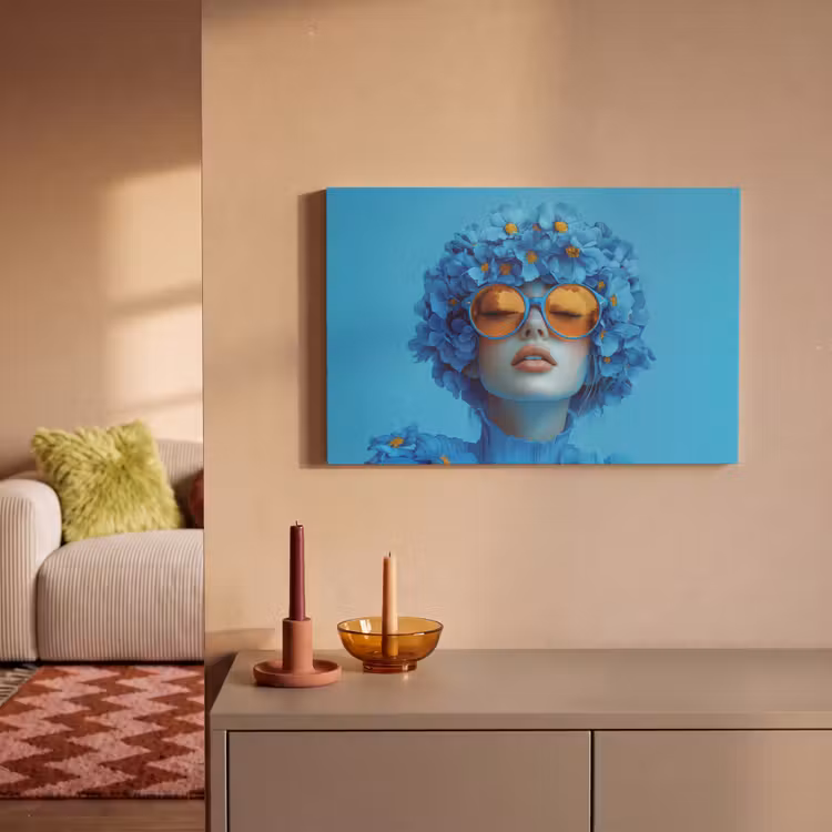 Canvas schilderij - Vrouw - Bloem - Blauw - Modern - Bril - Portret — 2