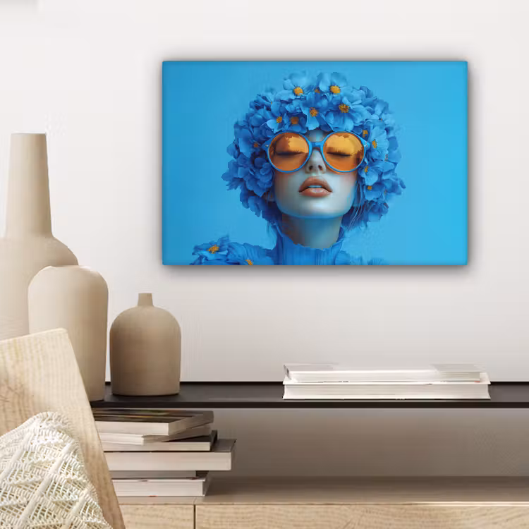 Canvas schilderij - Vrouw - Bloem - Blauw - Modern - Bril - Portret — 5