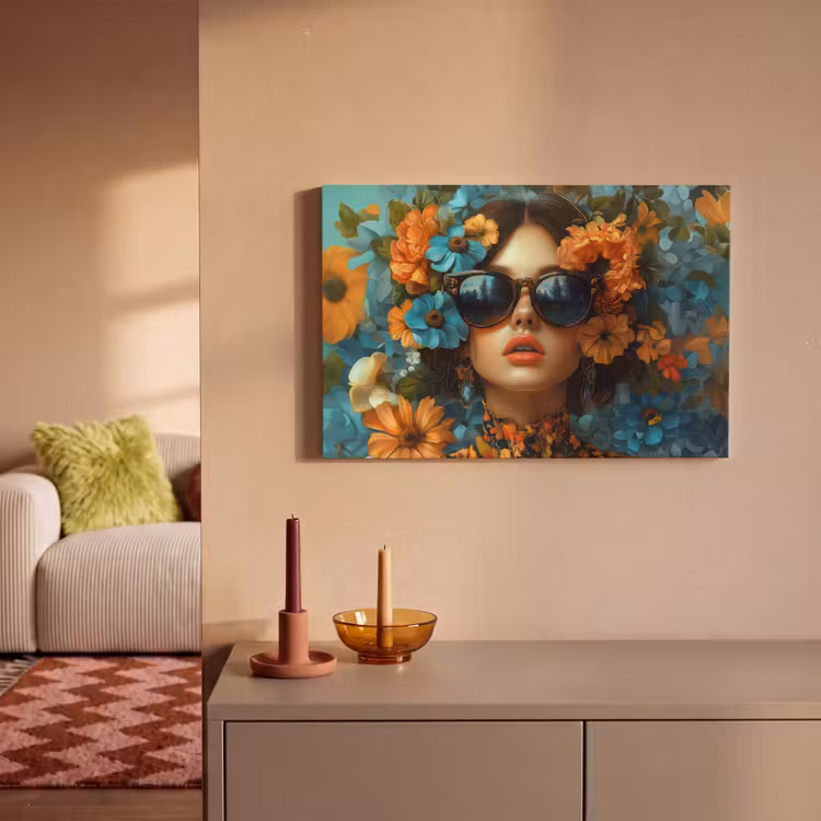 Canvas schilderij - Vrouw - Bloemen - Oranje - Blauw - Modern — 2