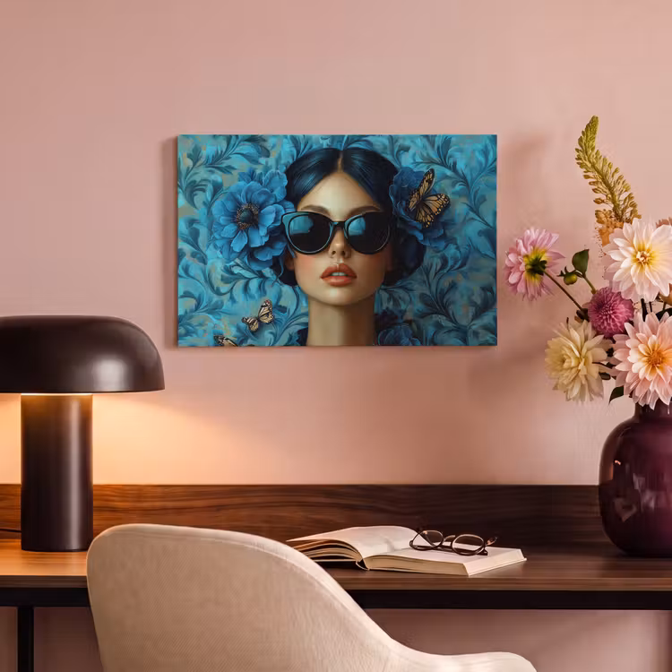 Canvas schilderij - Vrouw - Bloemen - Vlinders - Blauw - Abstract — 4