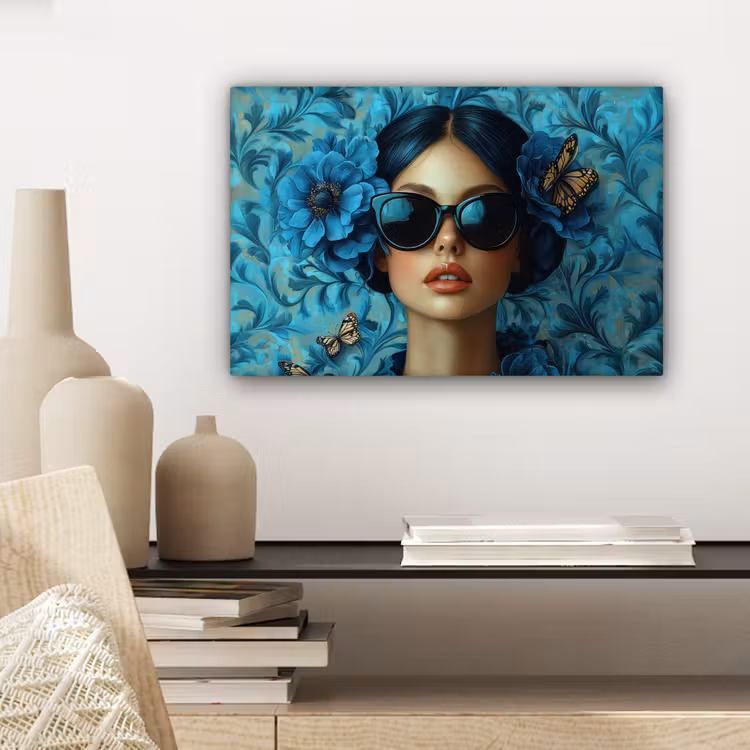 Canvas schilderij - Vrouw - Bloemen - Vlinders - Blauw - Abstract — 5