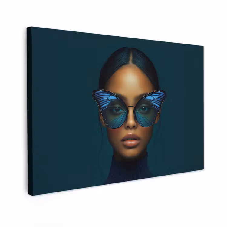 Canvas schilderij - Vrouw - Vlinder - Bril - Blauw - Modern - Portret — 1