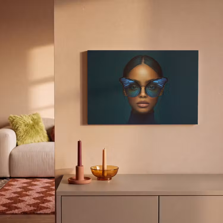 Canvas schilderij - Vrouw - Vlinder - Bril - Blauw - Modern - Portret — 2