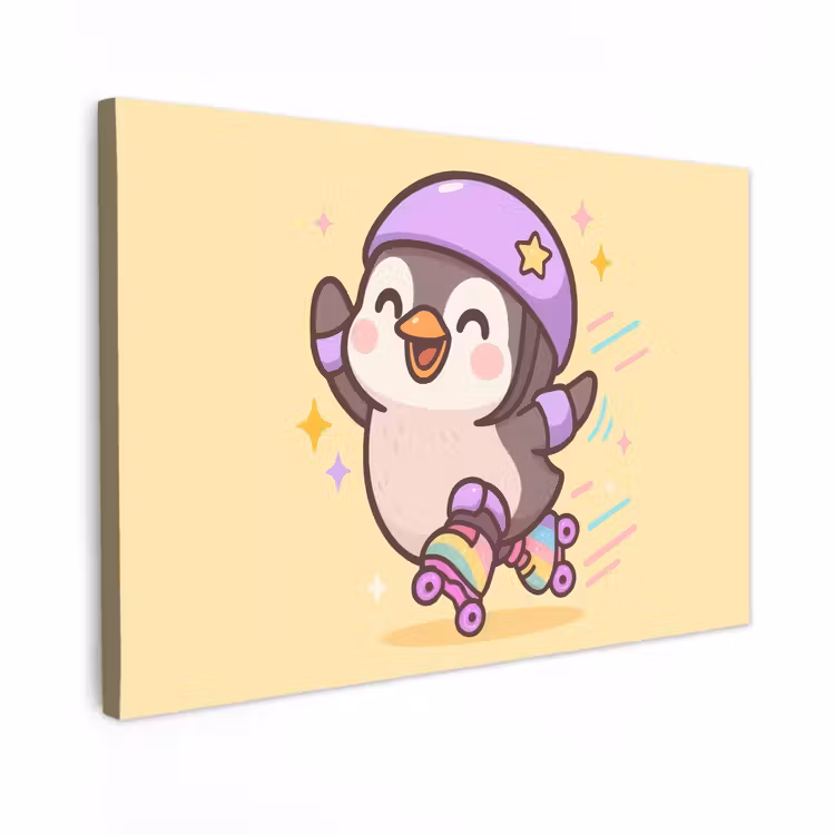 Canvas schilderij - Pinguïn - Rolschaatsen - Geel - Energiek — 1