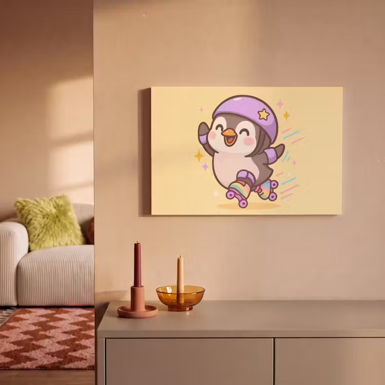 Canvas schilderij - Pinguïn - Rolschaatsen - Geel - Energiek — 2