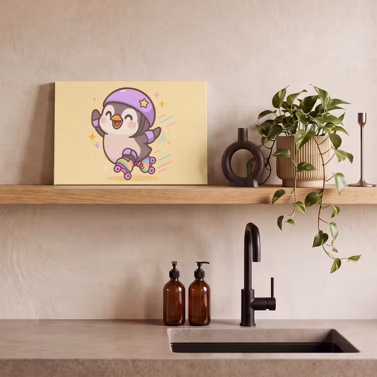 Canvas schilderij - Pinguïn - Rolschaatsen - Geel - Energiek — 3