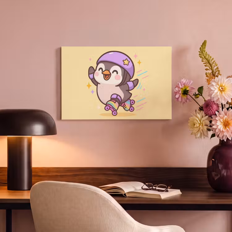 Canvas schilderij - Pinguïn - Rolschaatsen - Geel - Energiek — 4