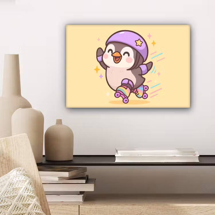 Canvas schilderij - Pinguïn - Rolschaatsen - Geel - Energiek — 5