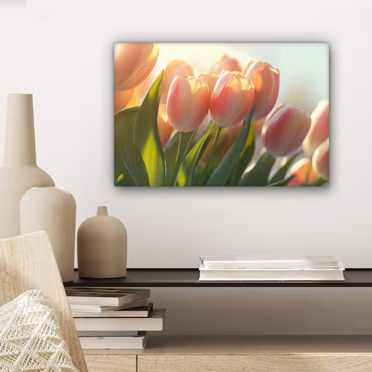 Canvas schilderij - Tulpen - Roze - Zonnestralen — 5