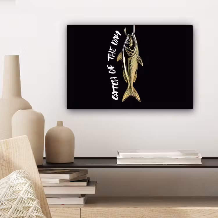 Canvas schilderij - Vis - Zwart - Goud - Tekst — 5