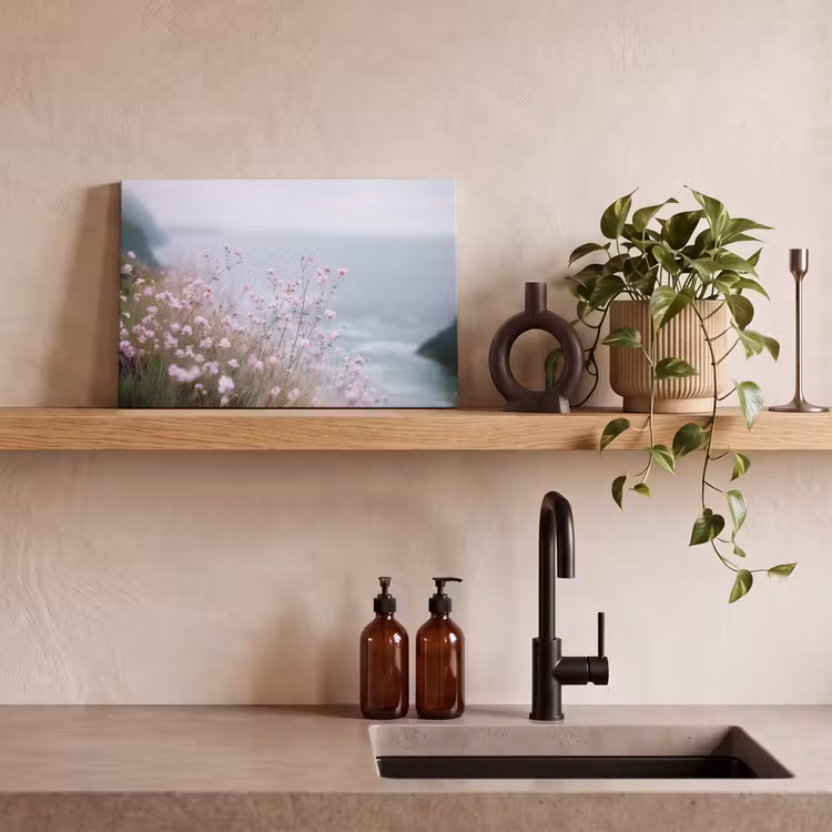 Canvas schilderij - Klif - Bloemen - Zee - Roze — 3