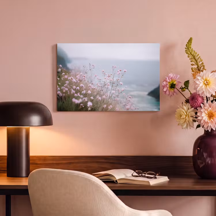 Canvas schilderij - Klif - Bloemen - Zee - Roze — 4