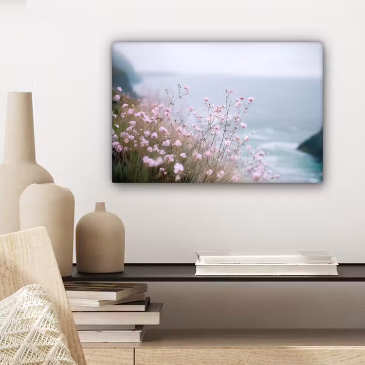 Canvas schilderij - Klif - Bloemen - Zee - Roze — 5