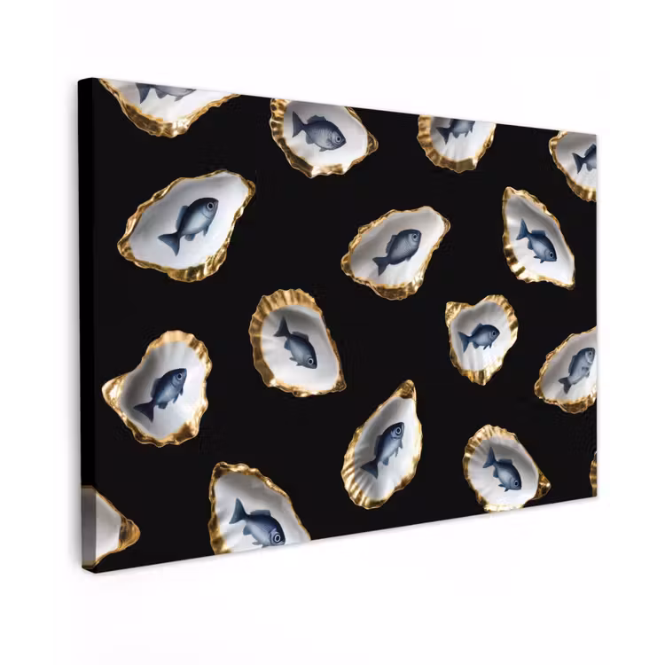Canvas schilderij - Oesters - Vissen - Blauw - Goud — 1