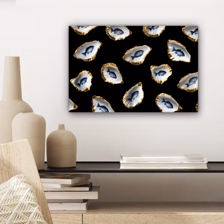 Canvas schilderij - Oesters - Vissen - Blauw - Goud — 5