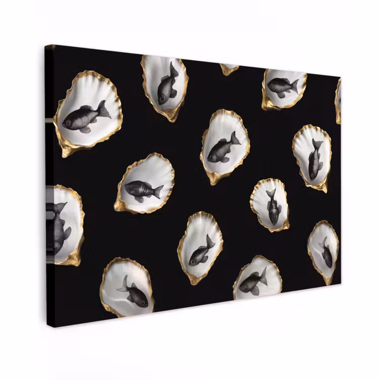 Canvas schilderij - Oesters - Zwart - Vissen - Goud — 1