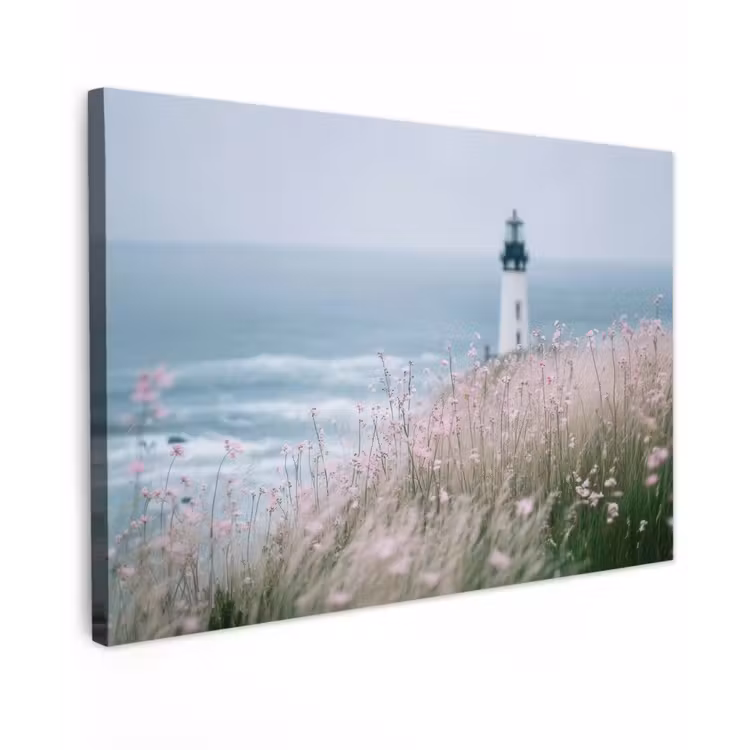 Canvas schilderij - Vuurtoren - Klif - Zee - Bloemen — 1