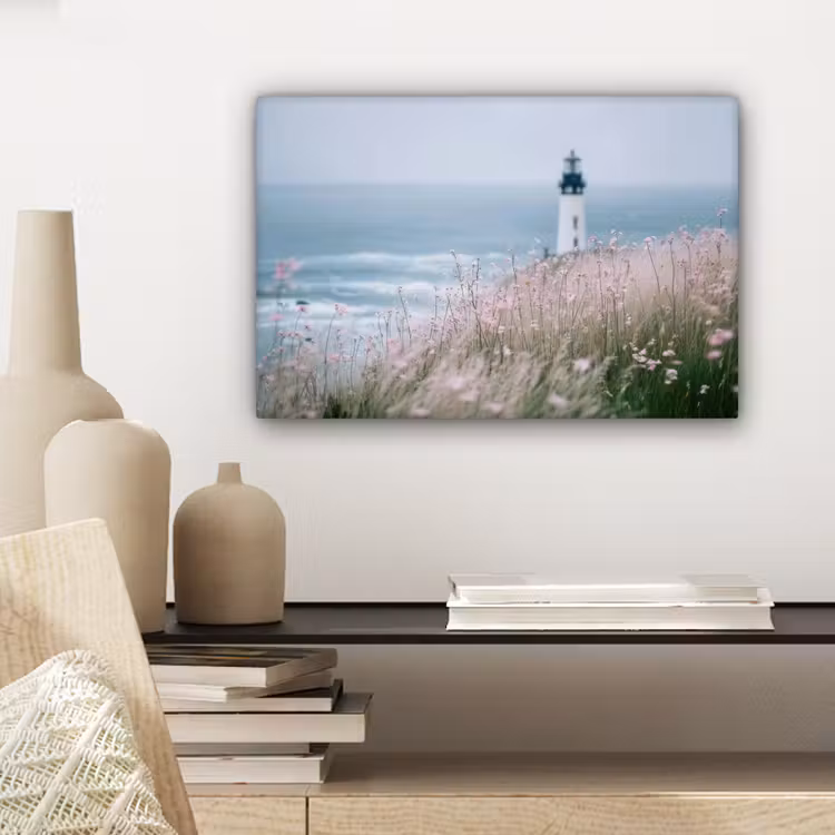 Canvas schilderij - Vuurtoren - Klif - Zee - Bloemen — 5