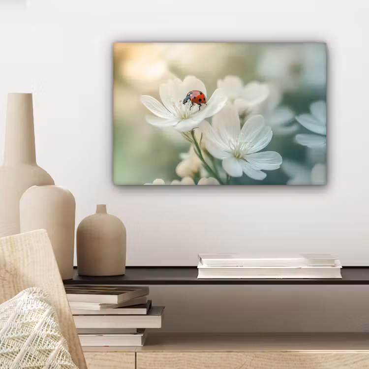 Canvas schilderij - Lieveheersbeestje - Bloemen - Wit — 5