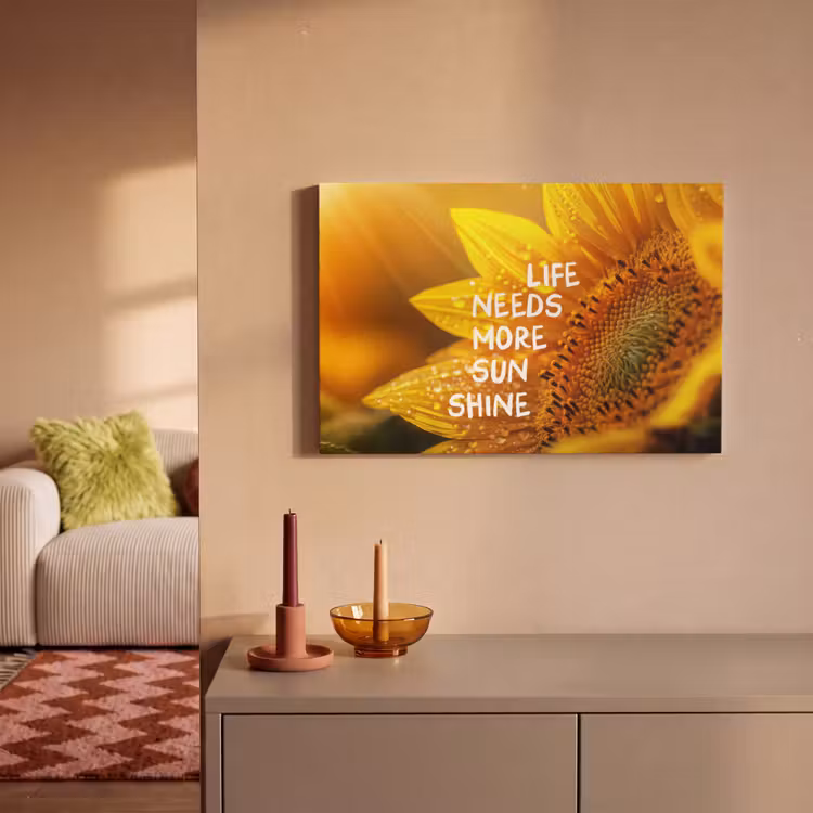 Canvas schilderij - Zonnebloem - Close up - Geel - Quote — 2