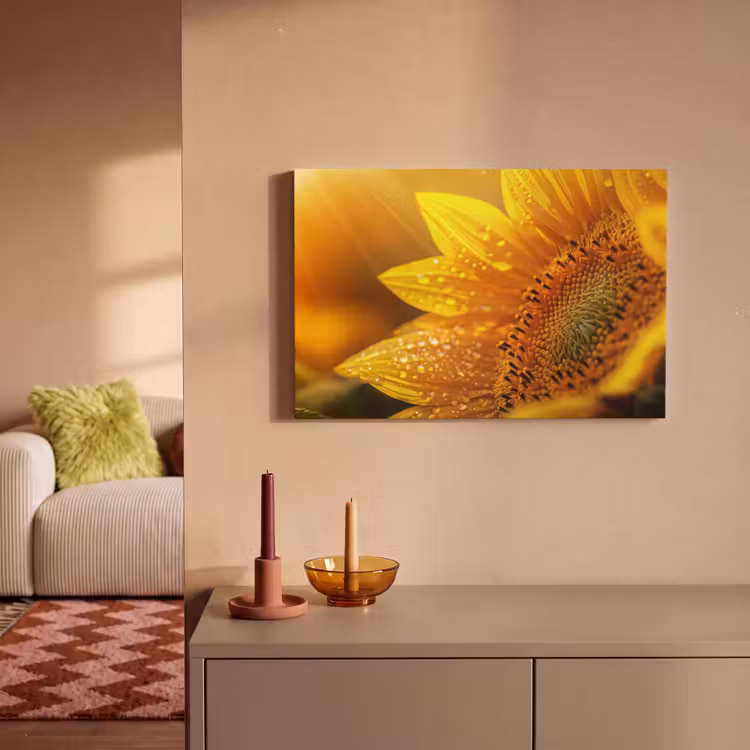 Canvas schilderij - Zonnebloem - Dauwdruppels - Geel - Zonlicht — 2